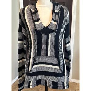 Black and Gray Striped Hooded Poncho Sweater